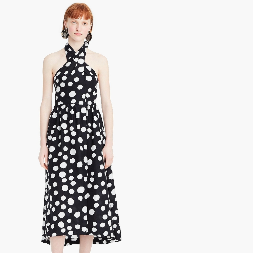 Jcrew Silk black spot halter midi dress size 16